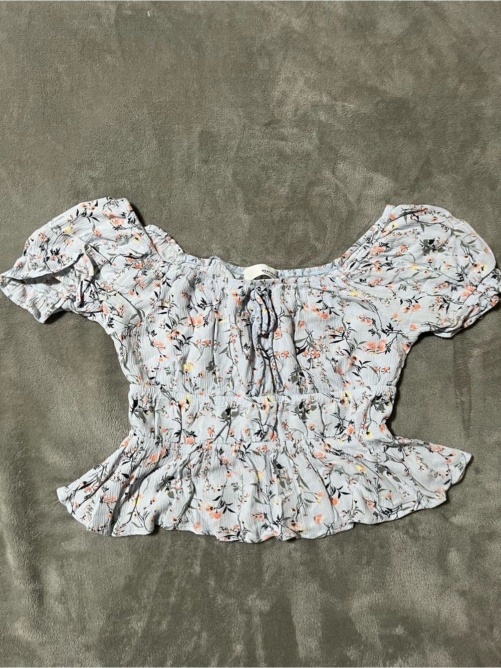 Light Blue Floral Off-Shoulder Smocked Peplum Top